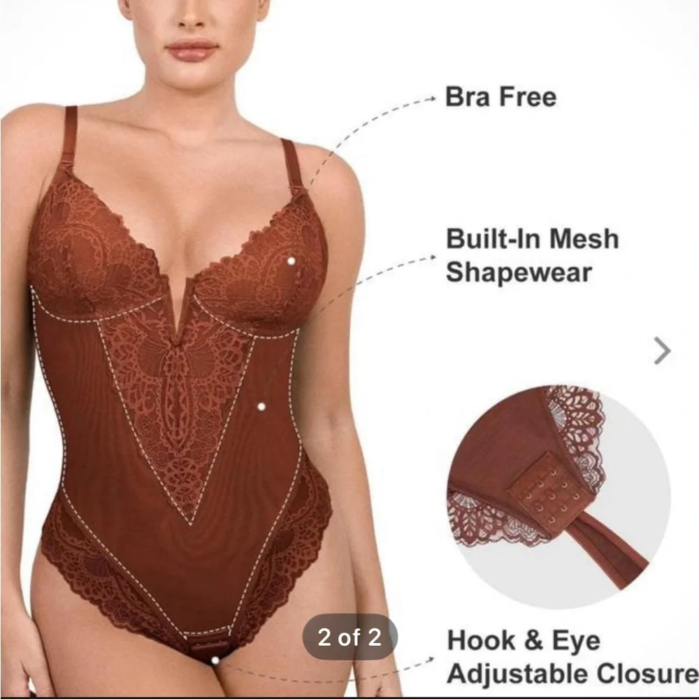 Elegant Brown Lace Shapewear Bodysuit - Picture 2 of 5